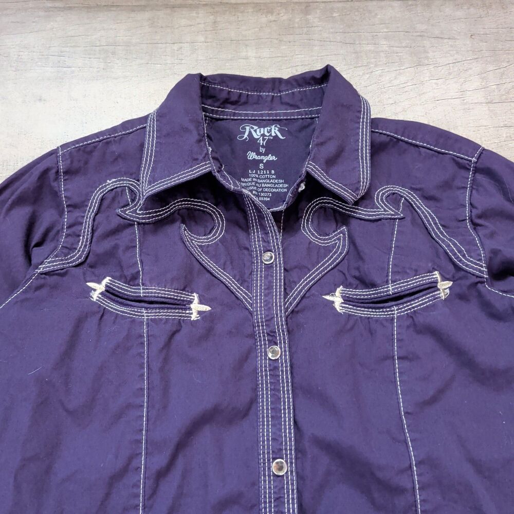 Rock 47 By Wrangler S Western Shirt Snap Purple Embroidered Rodeo Rhinestone - Picture 6 of 7